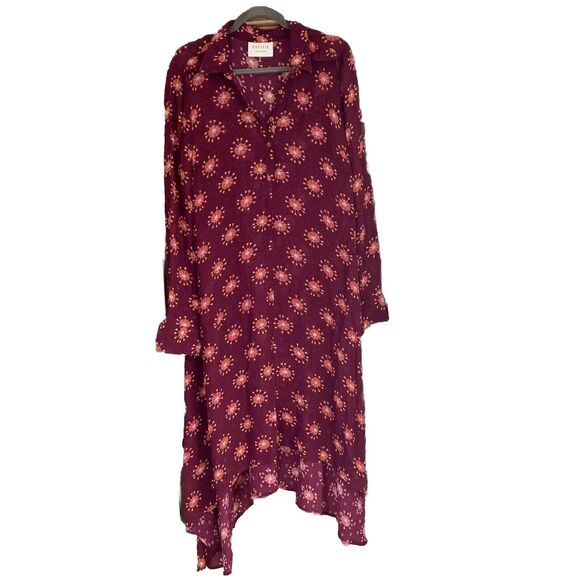 Cecilie Copenhagen Wine Long Sleeve Shirt Dress Frill Hi Lo Shoulder Ruffle Sz S - Picture 1 of 16